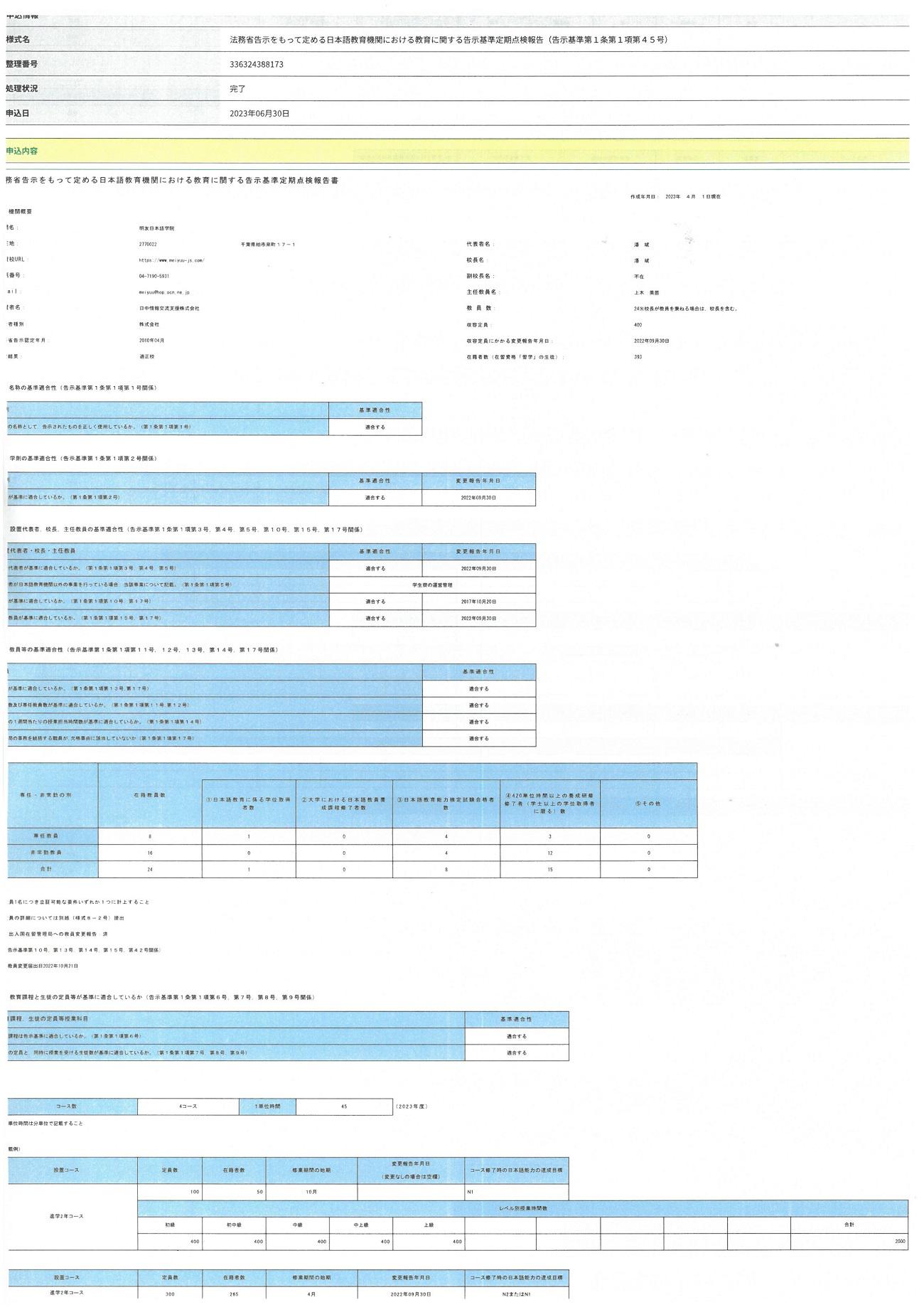 法務省告示をもって定める日本語教育機関における教育に関する告示基準定期点検報告（告示基準第1条第1項第45号）